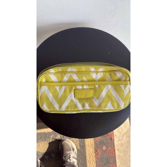Cole Haan Yellow White Chevron Canvas Leather Trim Pouch Cosmetic Bag - Picture 1 of 5